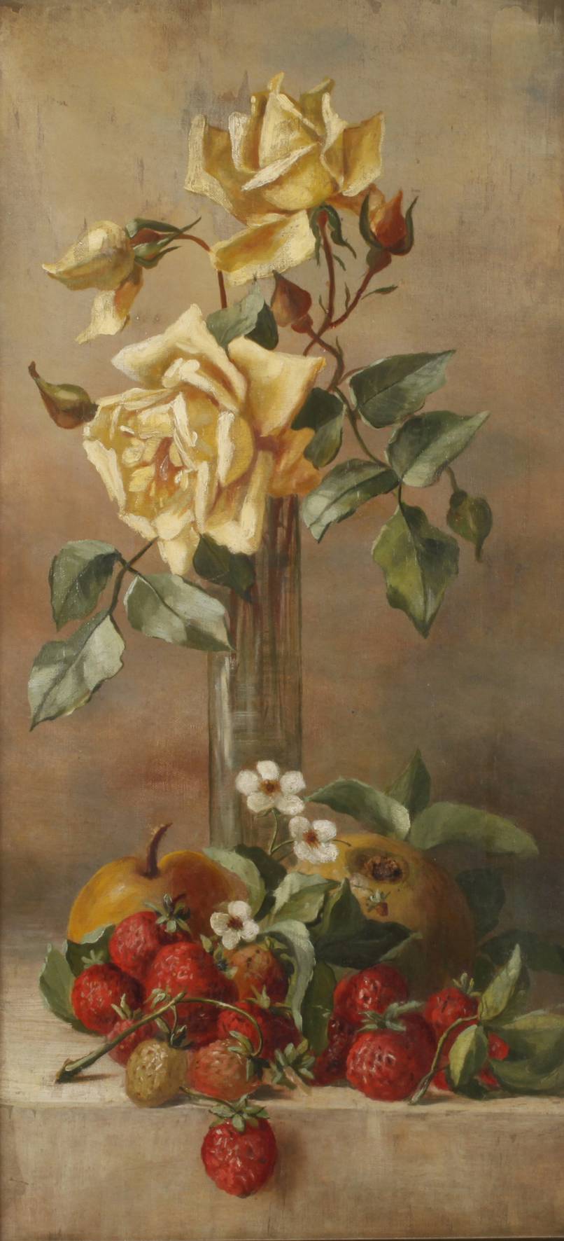 Stillleben mit Rosen und Erdbeeren