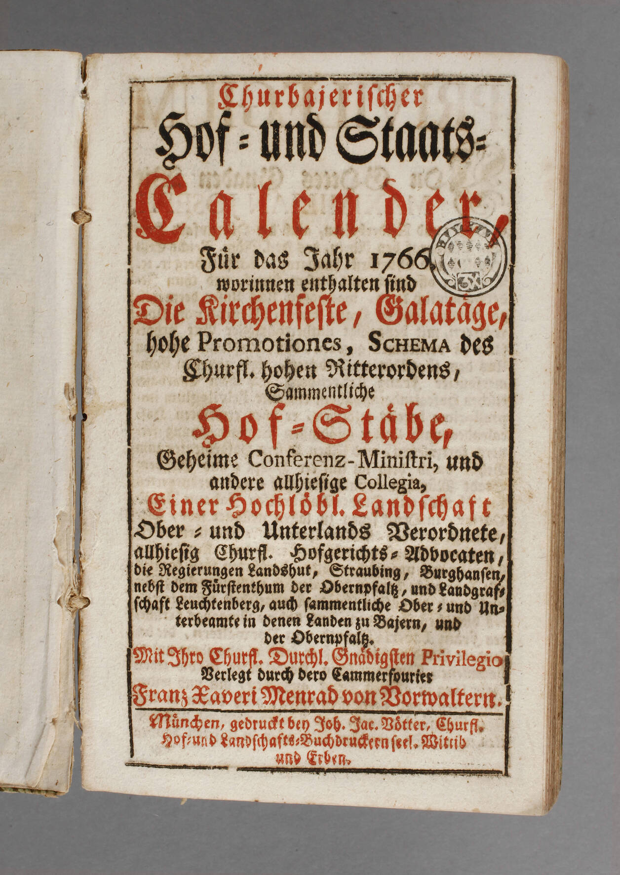 Churbaierischer Hof- und Staatskalender 1766