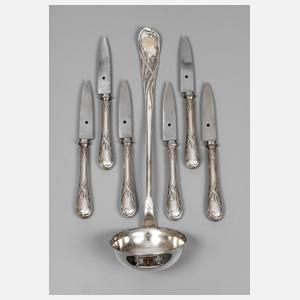 Sechs Austernmesser und Schöpfkelle