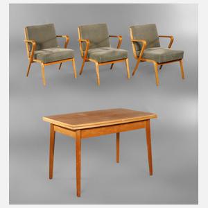 Ausziehtisch und drei Sessel Hellerau