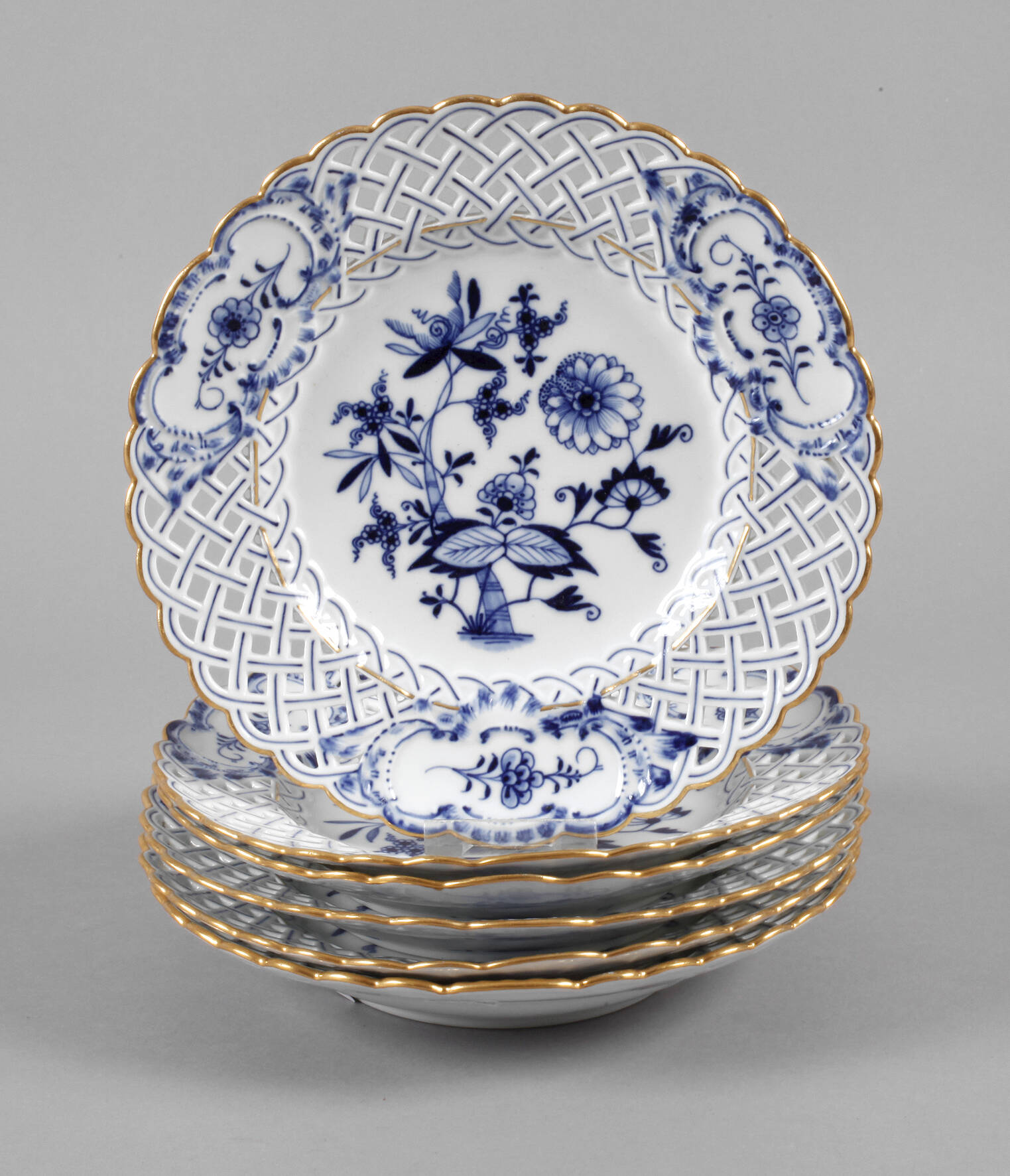 Meissen sechs Flechtrandteller Zwiebelmuster