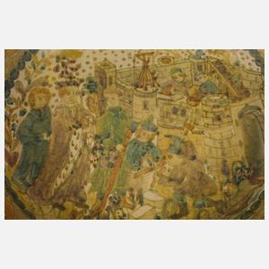 Übergroße Majolikaschale mittelalterlicher Burgenbau