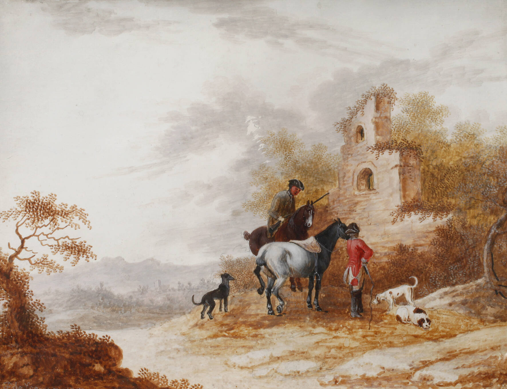 Friedrich August de Leuw, attr., Reiter vor Ruinenlandschaft