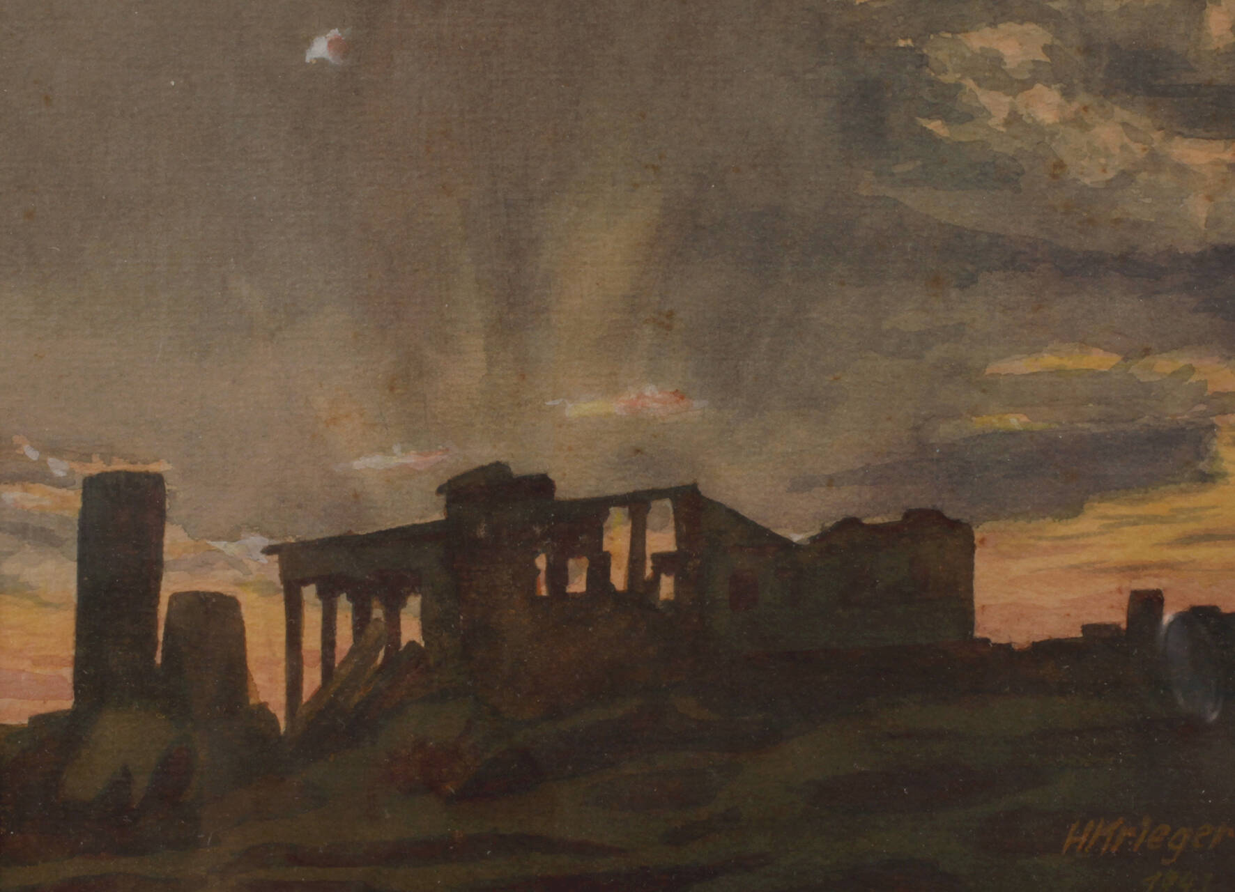H. Krieger, Tempelruine im Gegenlicht,