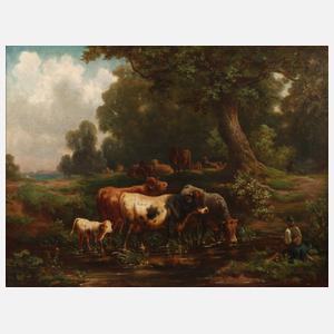 Louis Reinhardt, attr., Rinder an der Tränke