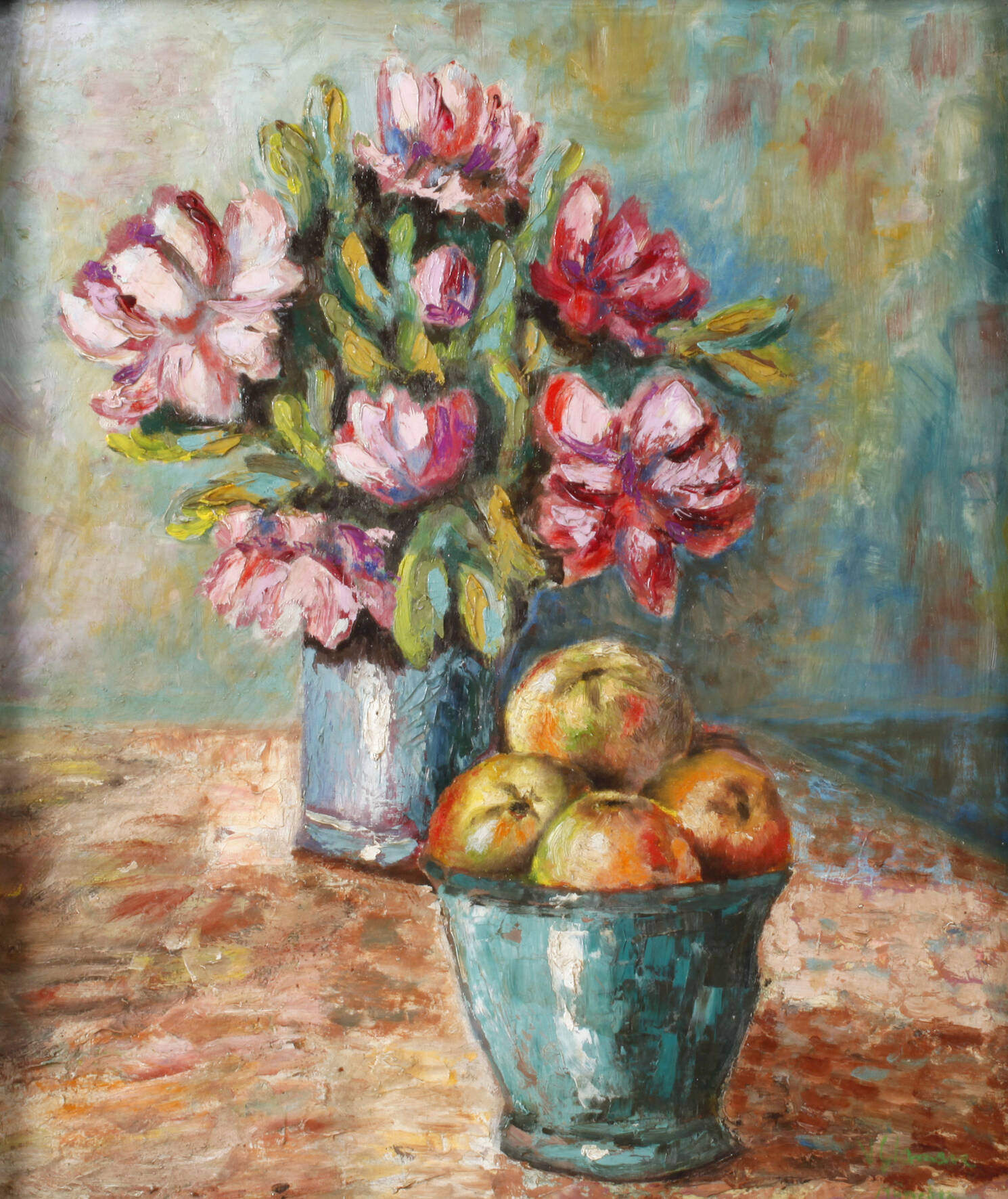 Valeska Glamann, Stillleben mit Blumen und Äpfeln