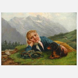 Theodor Kleehaas, Mädchen mit Dackel auf der Alm