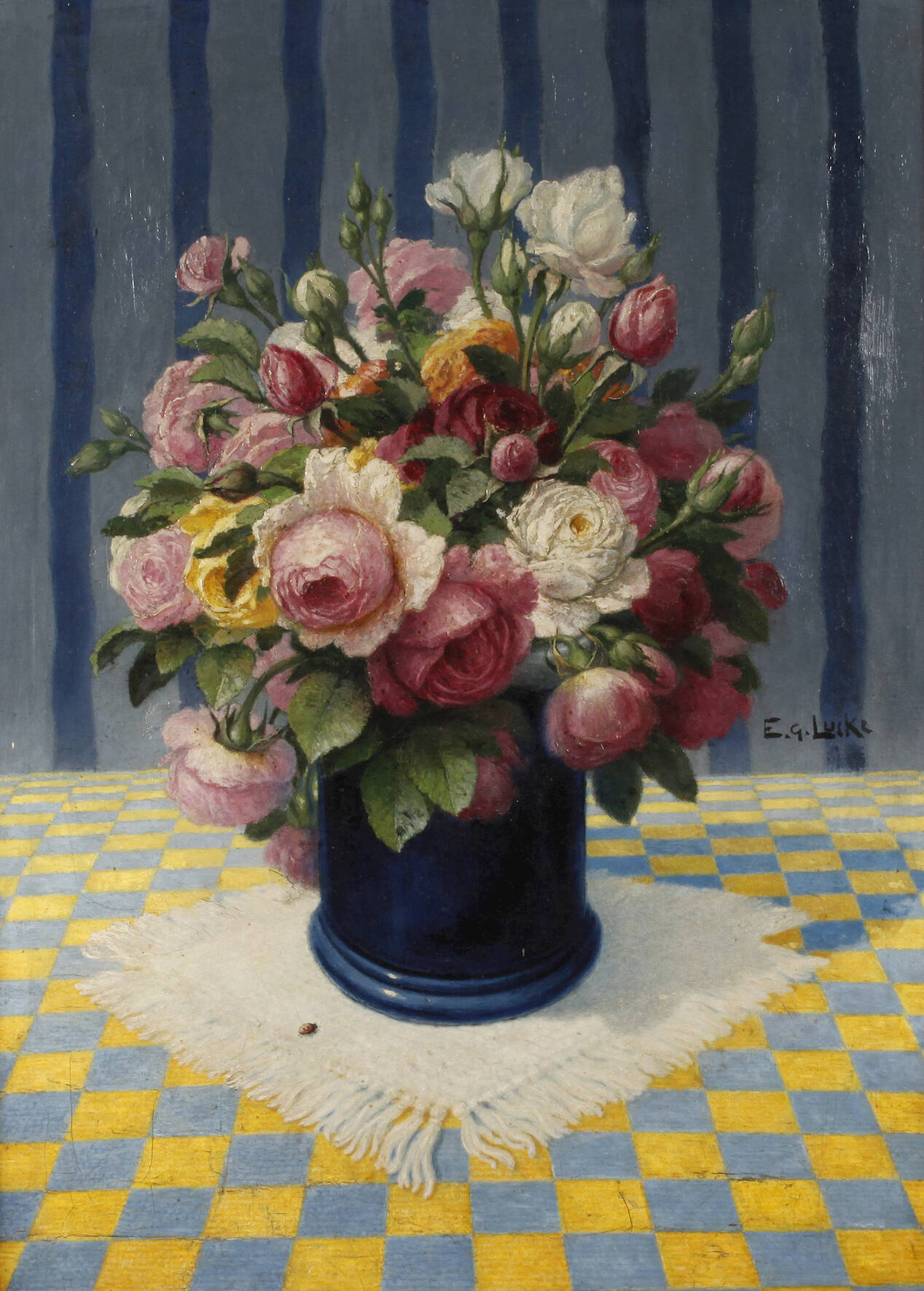 E. G. Lucke, Rosenstillleben auf karierter Decke