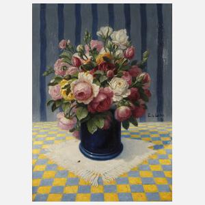 E. G. Lucke, Rosenstillleben auf karierter Decke