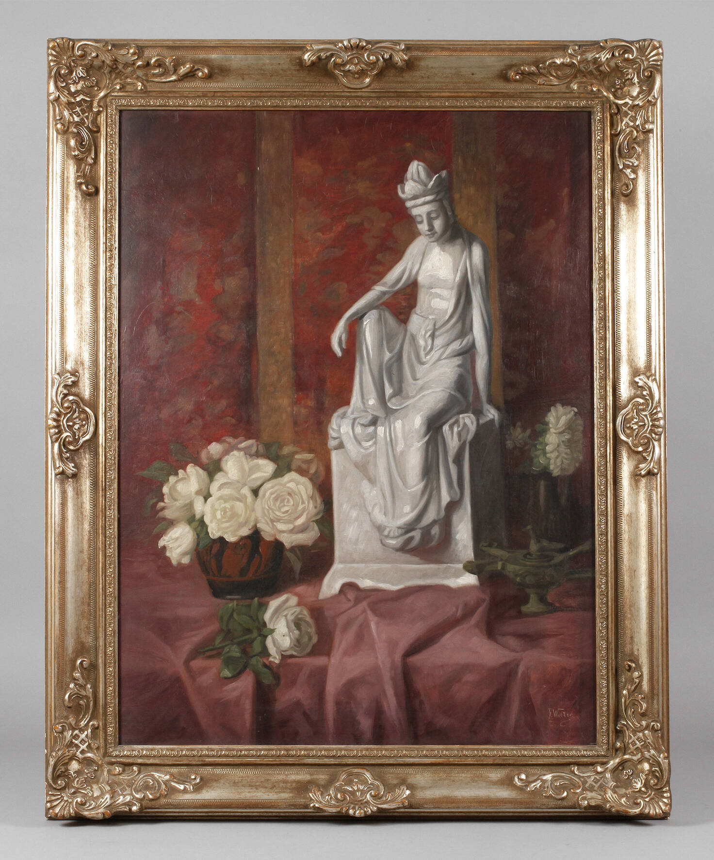 Franz Wolter, Exotisches Stillleben mit Porzellanfigur und Rosen