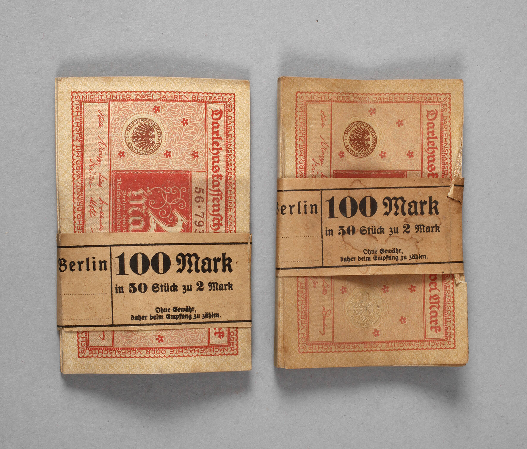 Zwei Bündel 2 Mark Darlehnskassenscheine