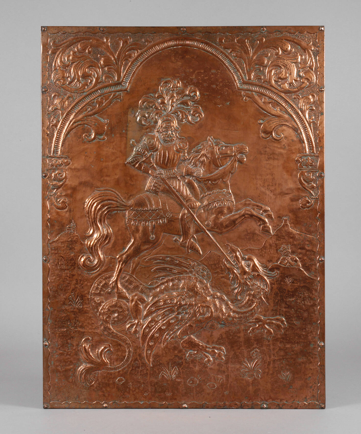 Großes Kupferrelief Heiliger Georg