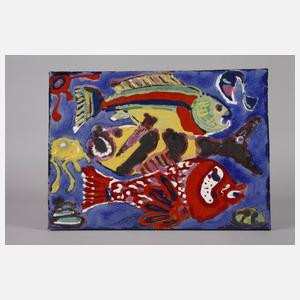 Zwei große Keramikwandplatten mit Fischdekor