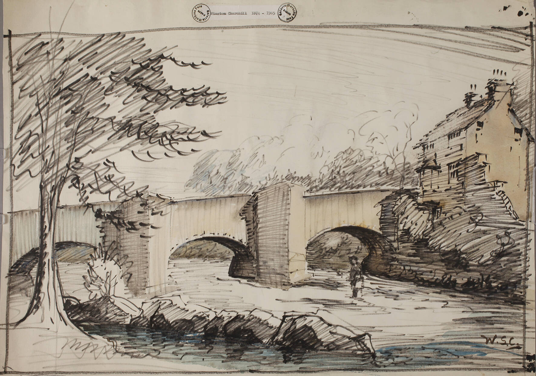 Winston Churchill attr., Flusslandschaft mit Brücke