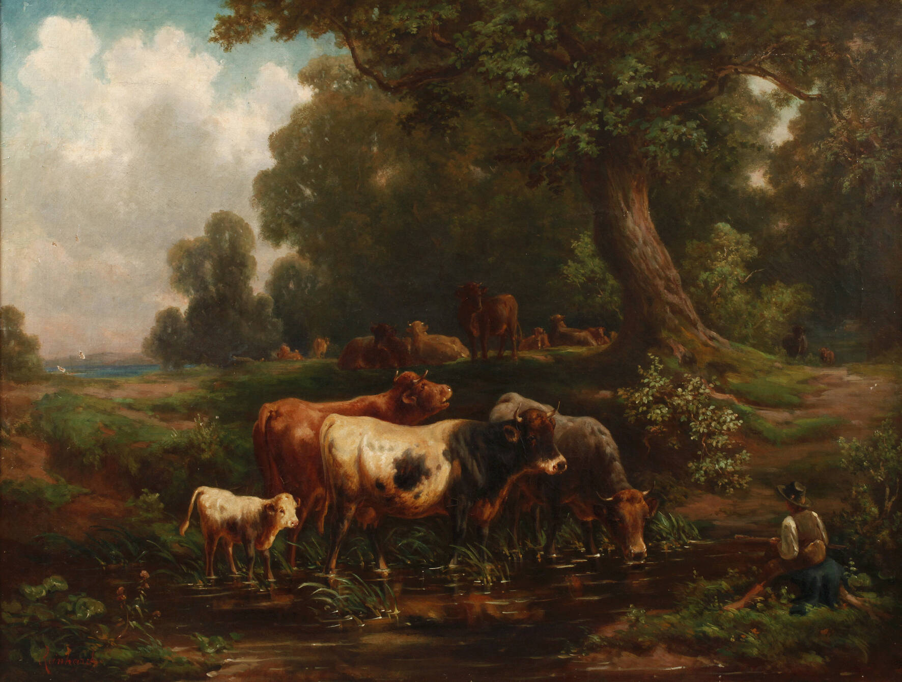 Louis Reinhardt, attr., Rinder an der Tränke