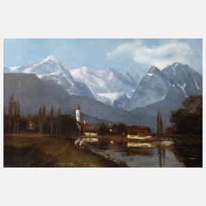 Eduard Schleich (attr.), Dorf vor Gebirgskulisse