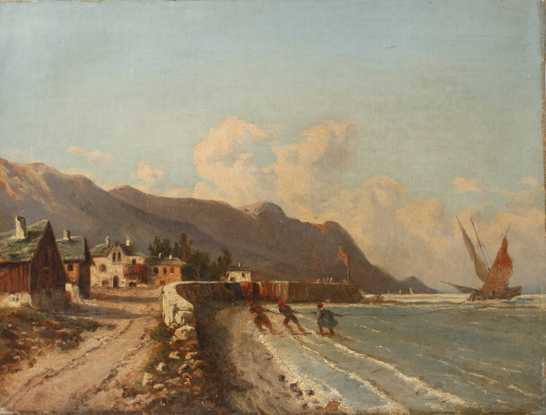 Strandszene mit ein Schiff herausziehenden Männern