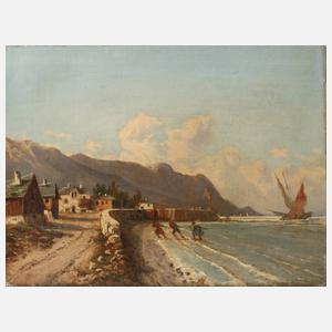 Strandszene mit ein Schiff herausziehenden Männern