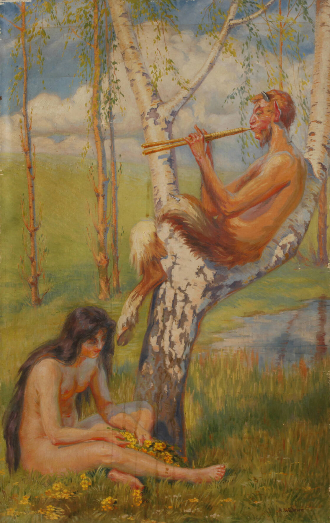 R. Walther Flöte spielender Pan mit Nymphe