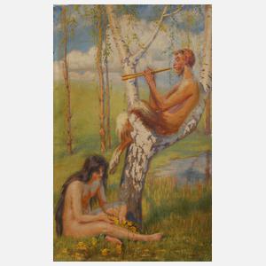 R. Walther Flöte spielender Pan mit Nymphe