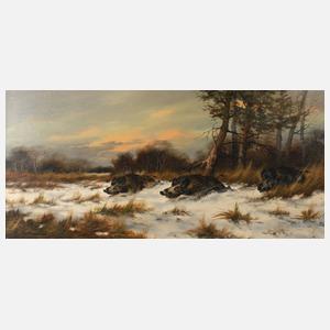 Wildschweinrotte in Winterlandschaft