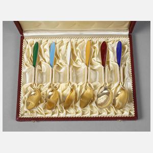 Sechs Kaffeelöffel mit Emailgriffen