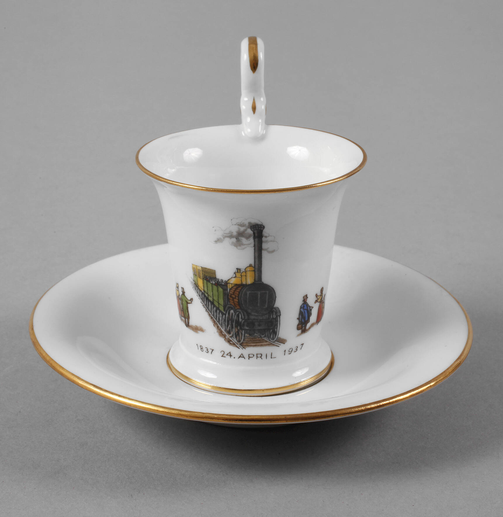 Meissen Jubiläumstasse mit Eisenbahnmotiv