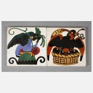 Meissen Teichert zwei Fliesen mit Vogelmotiven