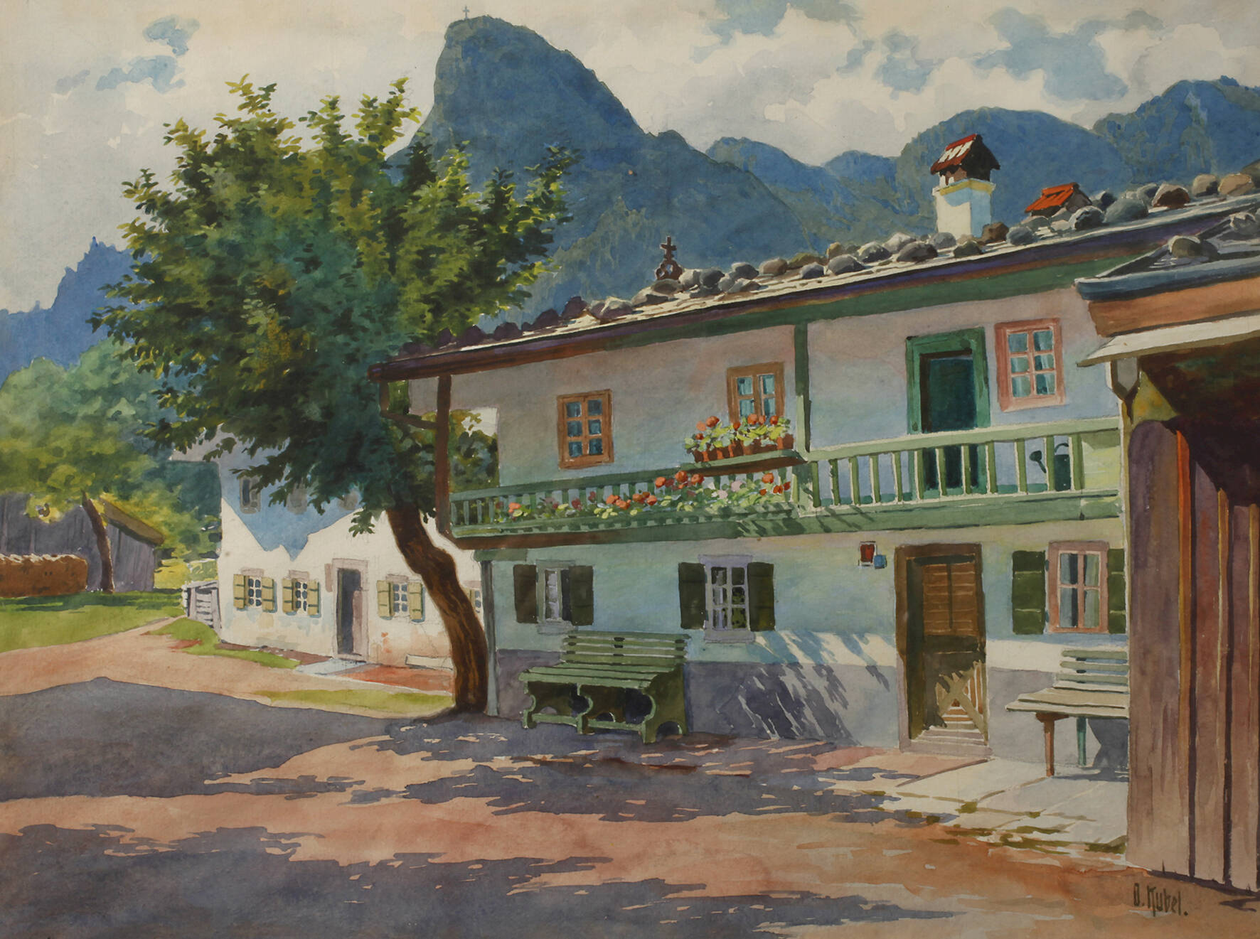 Otto Kubel, "Oberammergau – Straßenbild mit Kofel"