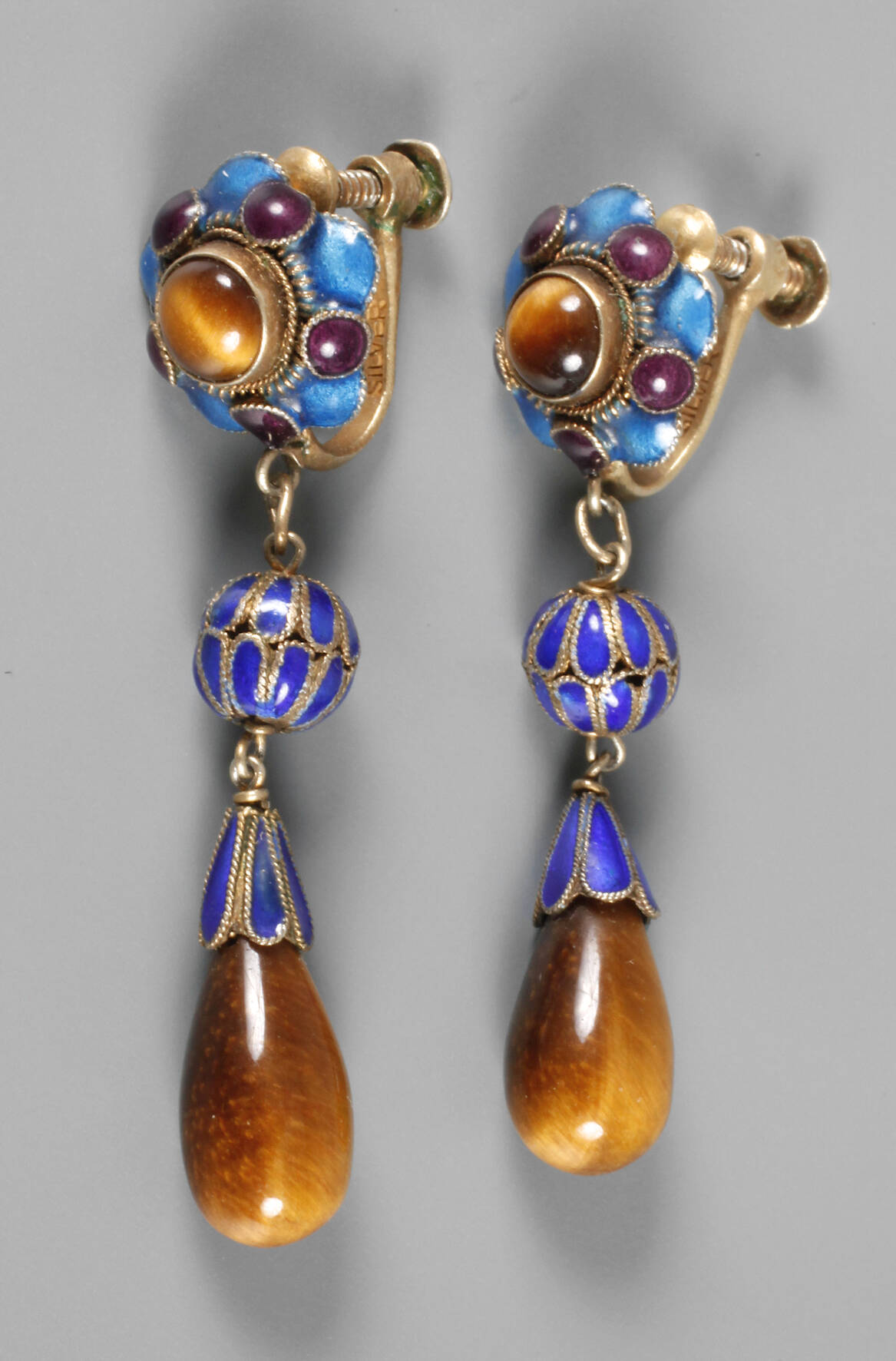 Paar Ohrhänger mit Emaille und Tigerauge