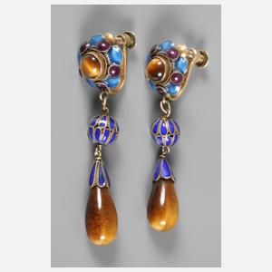 Paar Ohrhänger mit Emaille und Tigerauge