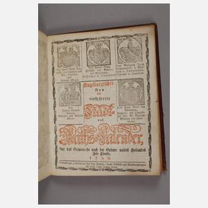 Augsburgischer Stadt und Raths-Kalender 1799, gedruckt und zu finden bey Jos. Ant. Hueber, Format 8°, 23 Blatt mit Durchschuss, Vorkupfer, Ledereinband mit Goldprägung, altersgemäßer Zustand.