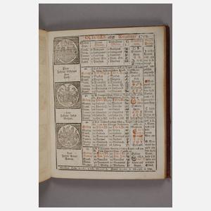 Augsburgischer Stadt und Raths-Kalender 1799, gedruckt und zu finden bey Jos. Ant. Hueber, Format 8°, 23 Blatt mit Durchschuss, Vorkupfer, Ledereinband mit Goldprägung, altersgemäßer Zustand.