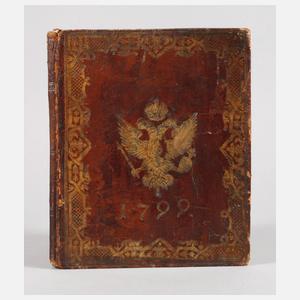 Augsburgischer Stadt und Raths-Kalender 1799, gedruckt und zu finden bey Jos. Ant. Hueber, Format 8°, 23 Blatt mit Durchschuss, Vorkupfer, Ledereinband mit Goldprägung, altersgemäßer Zustand.