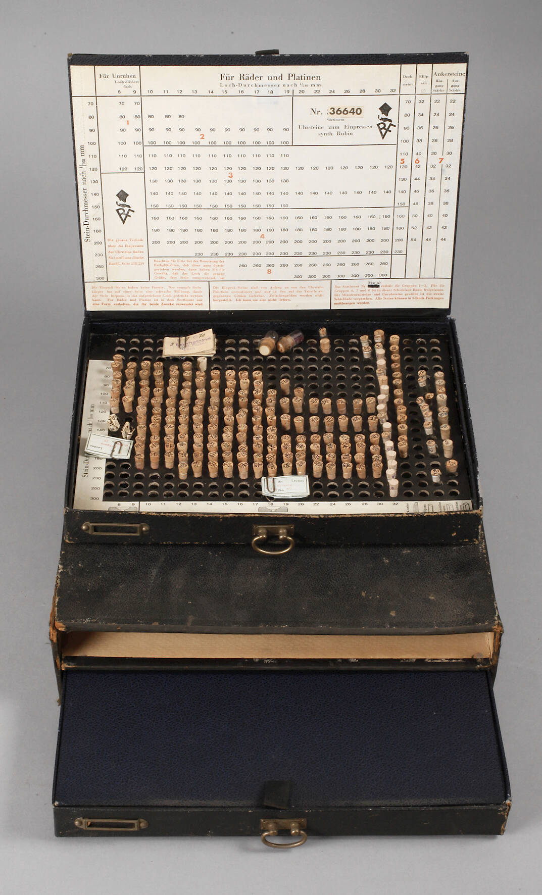 Kasten mit Uhrenersatzteilen