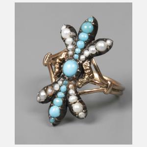 Historischer Ring mit Türkisen und Perlen