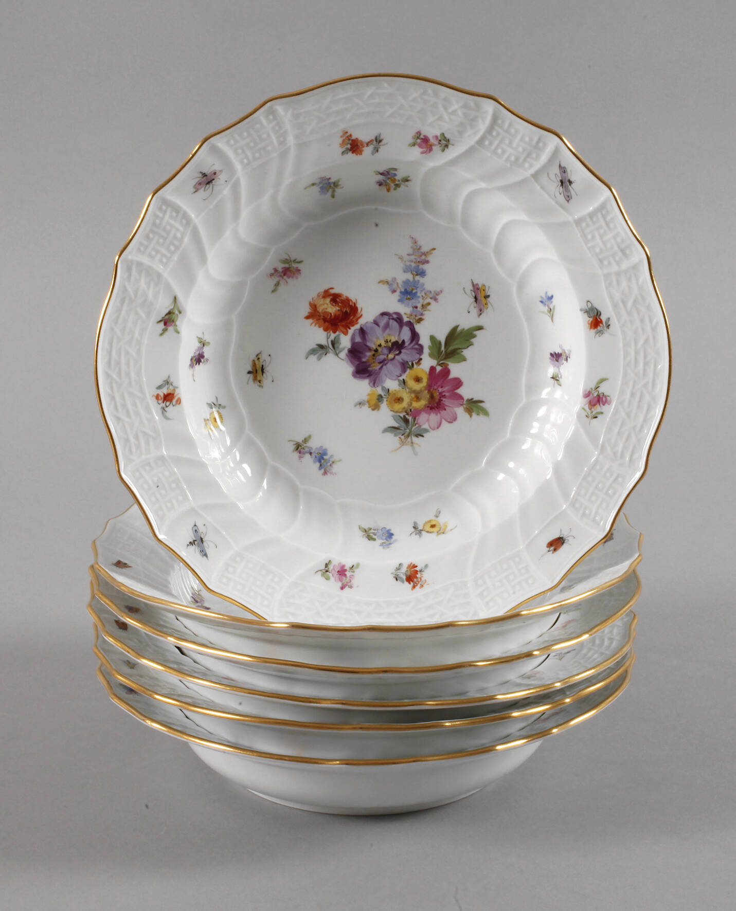 Meissen sechs Suppenteller mit Insektenmalerei