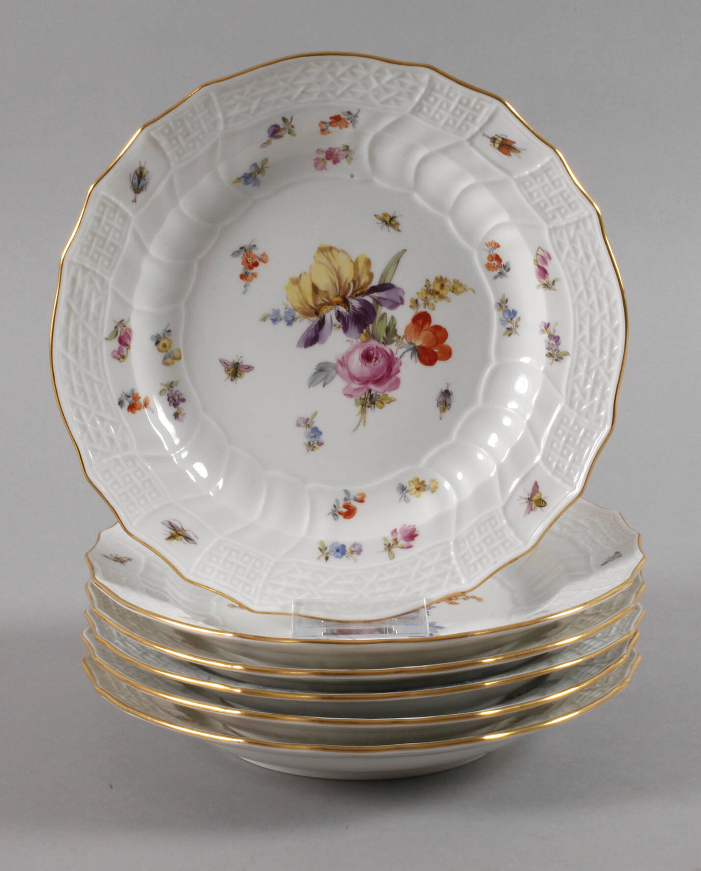Meissen sechs Speiseteller mit Insektenmalerei