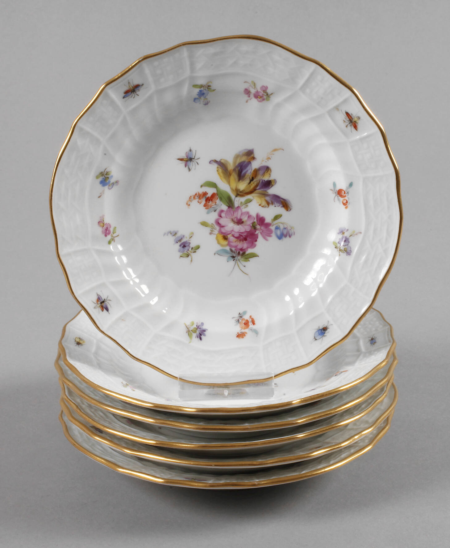 Meissen sechs Dessertteller mit Insektenmalerei