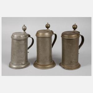 Drei Walzenkrüge Biedermeier Zinn