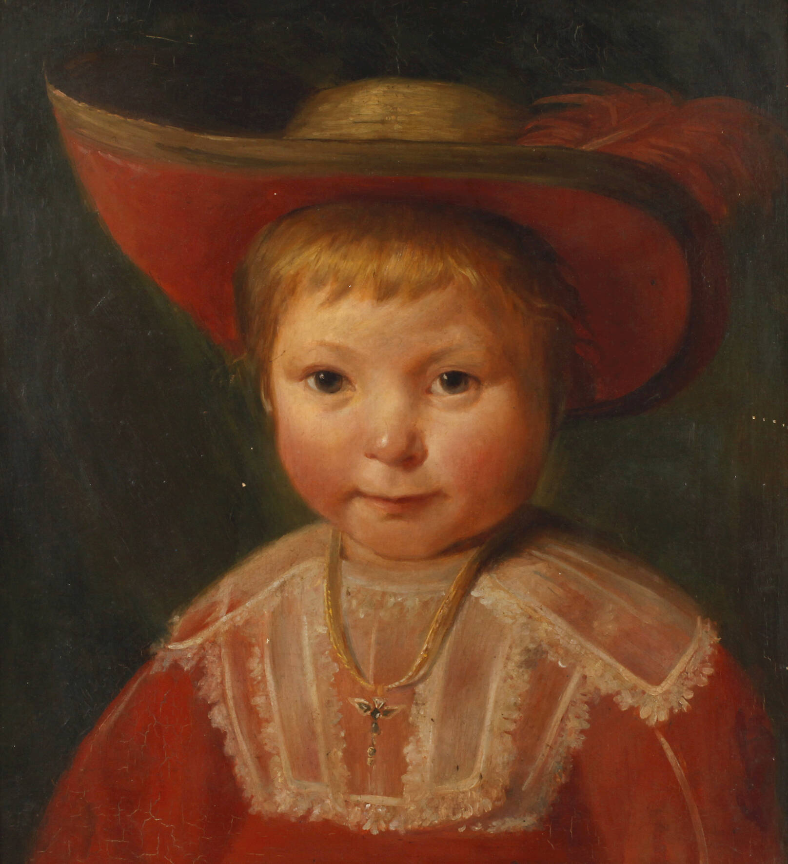 "Kind mit rot gefüttertem Strohhut"