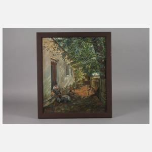 Heide Sutter, Strickende Frau im Bauerngarten