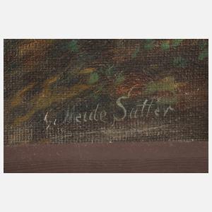 Heide Sutter, Strickende Frau im Bauerngarten