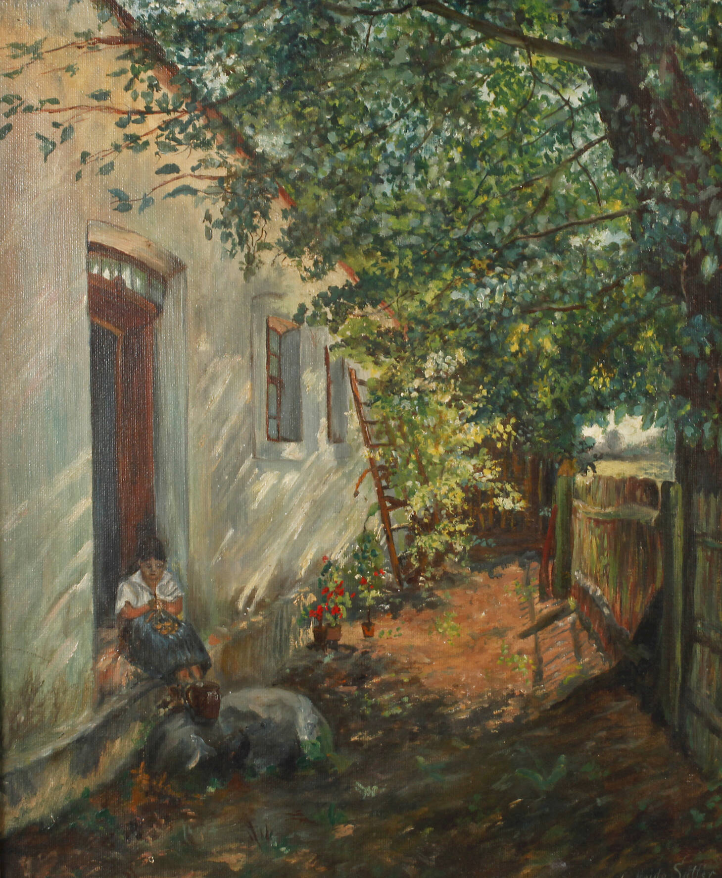 Heide Sutter, Strickende Frau im Bauerngarten