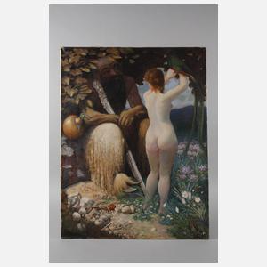 Faun mit Nymphe in paradiesischer Landschaft