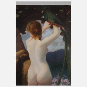 Faun mit Nymphe in paradiesischer Landschaft