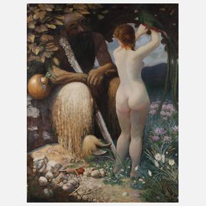 Faun mit Nymphe in paradiesischer Landschaft