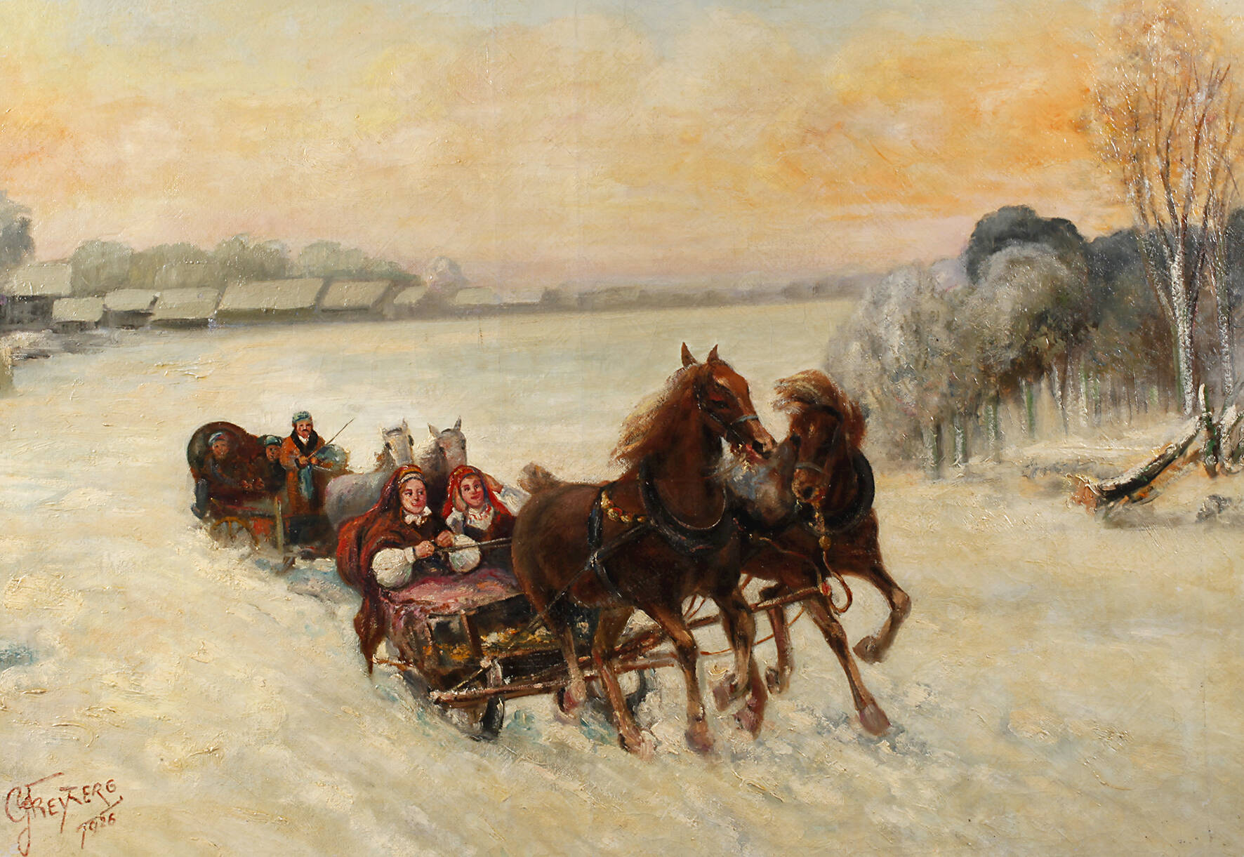 Pferdeschlitten in russischer Winterlandschaft