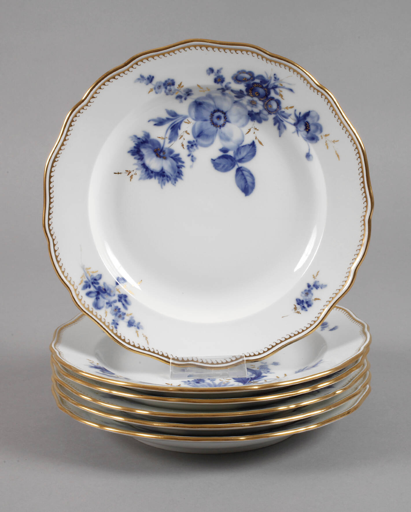 Meissen sechs Speiseteller "Blaue Blume mit Goldgräsern"