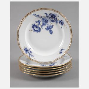 Meissen sechs Speiseteller "Blaue Blume mit Goldgräsern"